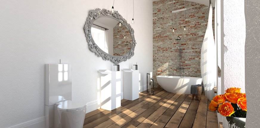 łazienka z klimatem łądna łazienka łazienka w kamienicy cegła na ścianie w łazience kreatywne projektowanie wnętrz Jacek Tryc architekt drewniana podłoga w łazience ozdobne lustro w łazience